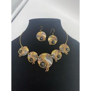 Brass Copper Onyx Brutalist style set‎ necklace and earrings modern mixed metal